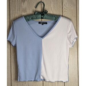 YMI Collections Color-Block Ribbed Crop Top Baby Blue White Lettuce Trim L